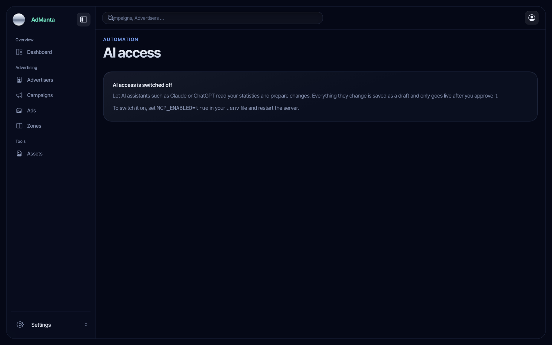 AI access page in the AdManta panel with the MCP connection address.