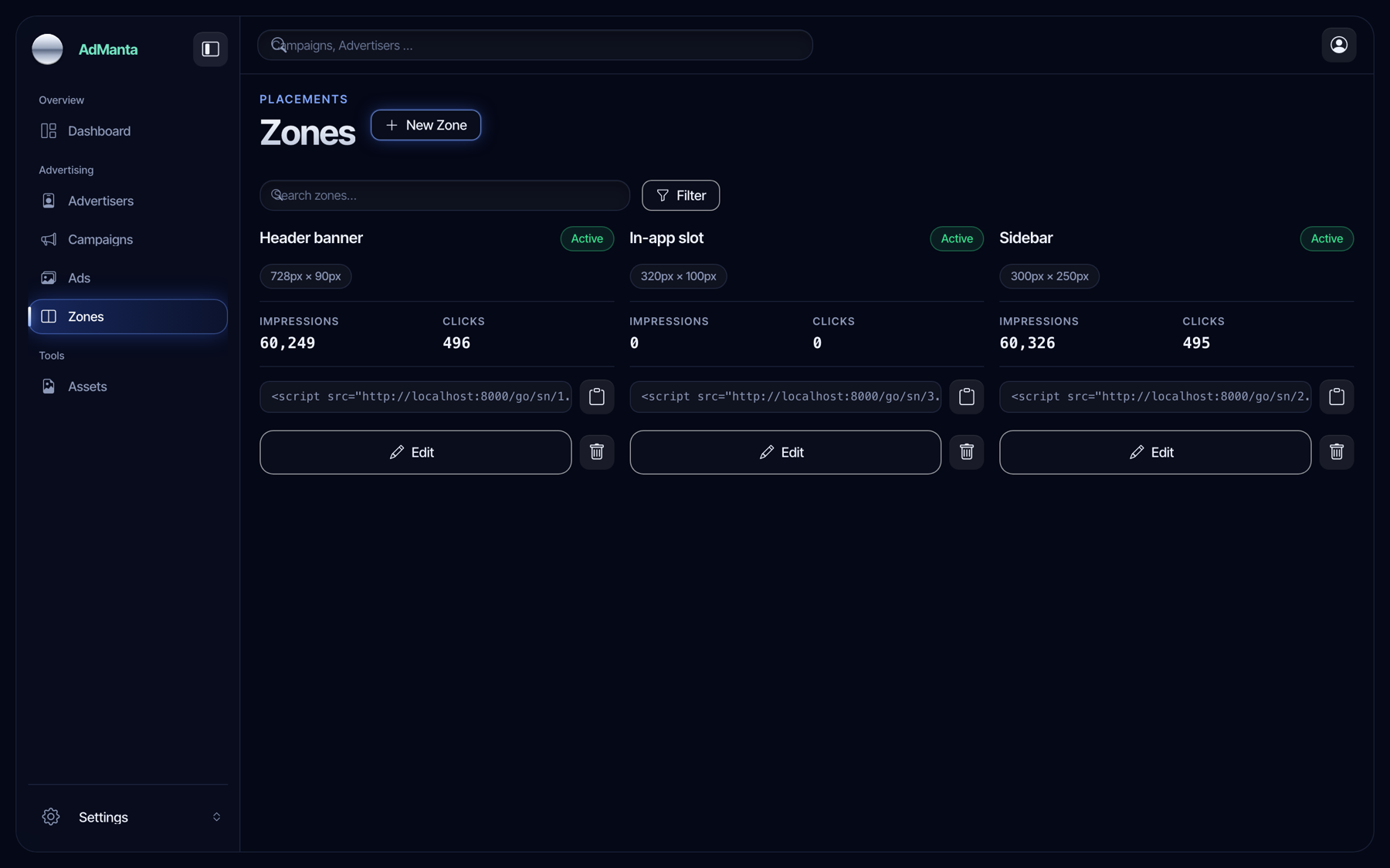 Zone list with sizes and status.